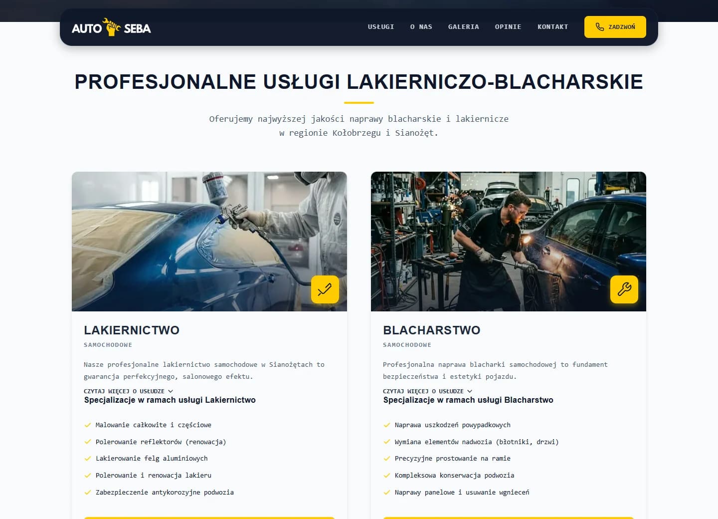Usługi lakiernicze i blacharskie na stronie AUTO SEBA