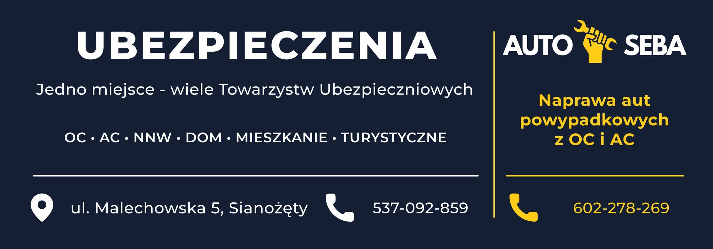 Baner reklamowy ubezpieczeń i warsztatu AUTO SEBA w granacie, bieli i żółci
