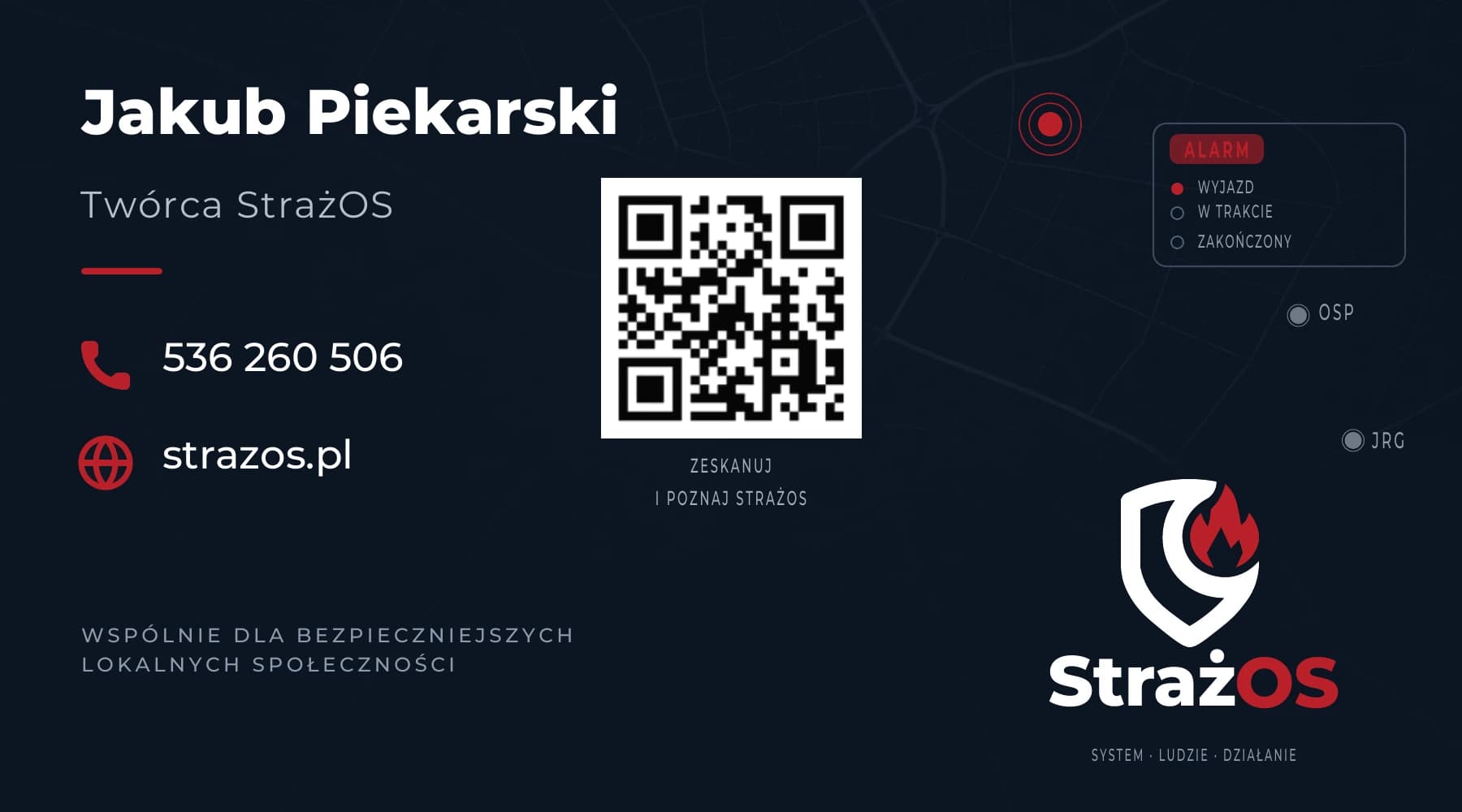 Rewers wizytówki StrażOS z danymi Jakuba Piekarskiego i kodem QR